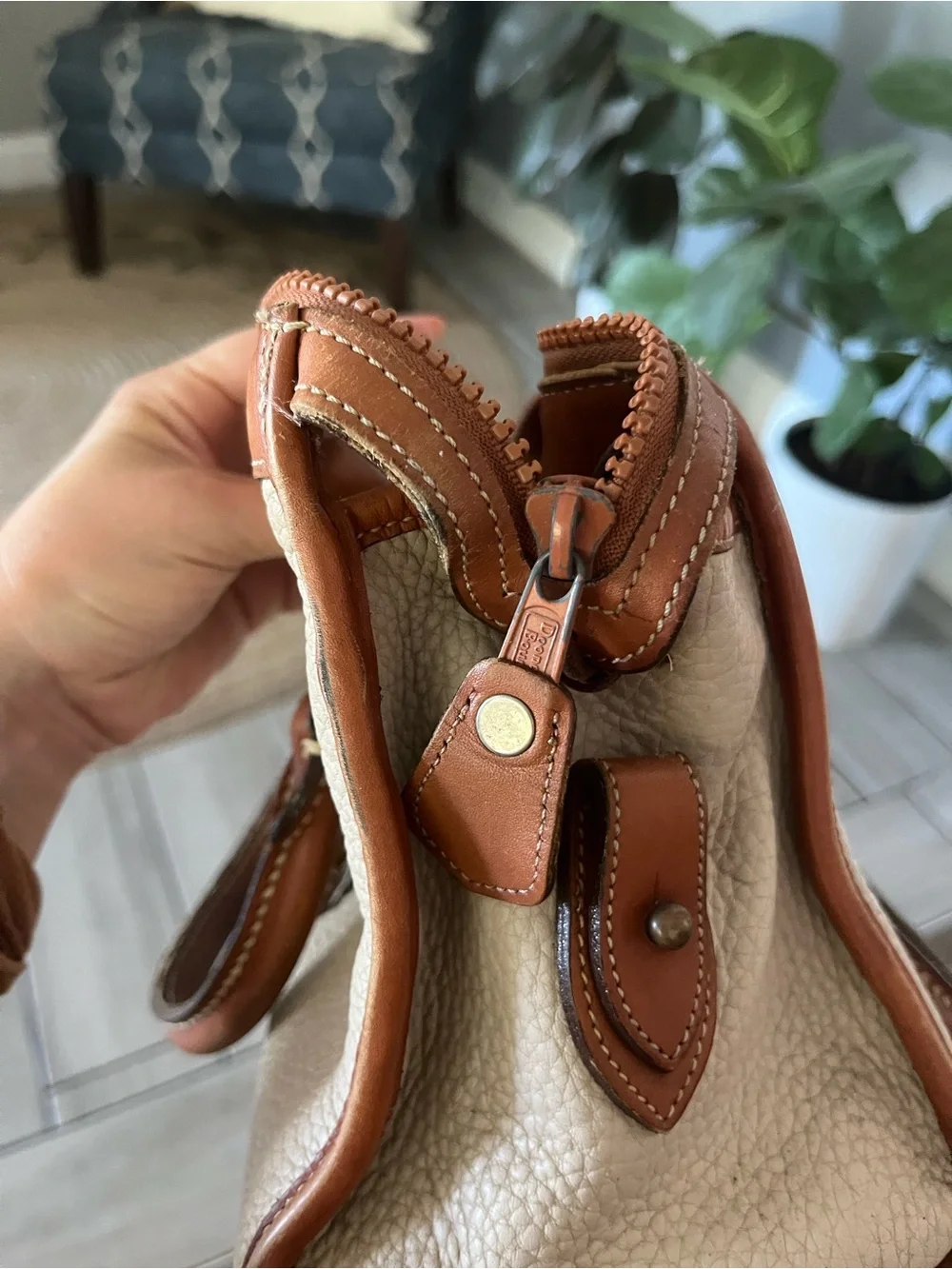 Dooney & Bourke Cream Pebbled Leather Satchel with Brown Trim